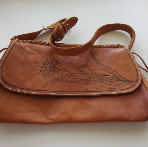 Brown Genuine Leather w/ Flowers from Cuba Purse Vintage with Over The Shoulder - Picture 1 of 6